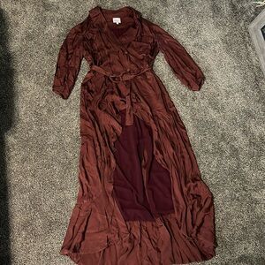 Cinq à Sept 4 maroon high-low belted maxi double breasted collared shirt dress